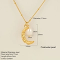 Golden stainless steel necklace with crescent moon pendant and freshwater pearl detail - Moon