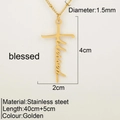 Collier en acier inoxydable doré avec pendentif croix 'Blessed' et chaîne à billes - Béni