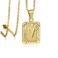 18K gold plated rectangular pendant necklace featuring frosted letter V and sunburst texture - Letter V / Gold