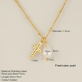 Golden stainless steel necklace featuring a 9mm freshwater pearl and cross pendant - Cross