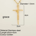 Collier croix en acier inoxydable doré avec lettrage élégant et spécifications - Grâce