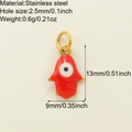 Rote Hamsa-Hand Anhänger aus Edelstahl mit blauem Auge-Motiv und Größenangaben - Roter Hamsa Böser Blick Anhänger