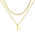 Collier double rang doré avec chaîne serpent plate, perles et pendentif lettre U élégant - Lettre U / Or