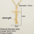 Collier croix en acier doré avec lettrage strength et détails de taille - La Force