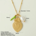 Gold stainless steel necklace with heart locket, green chili and pearl pendants - Chili Heart Strawberry Style