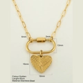 Gold plated stainless steel heart pendant necklace with feather texture and oval link chain - Heart