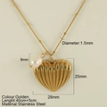 Golden stainless steel heart necklace with shell texture and a single white pearl charm - Fine Stripe Heart