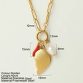 Gold stainless steel paperclip necklace with red chili, heart and pearl charms - Half Heart