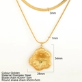 Double-layered gold stainless steel necklace with flat blade chain and floral pendant - Large Lotus Leaf