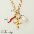Collana angelo oro con corno rosso, ciondolo uccello e perla su catena in acciaio inox - Uccello