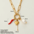 Collana in acciaio inossidabile placcata oro 18K con ciondolo peperoncino rosso e perla - Cuore (G13)