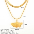 Double-layered golden stainless steel ginkgo leaf necklace with snake and blade chains - Ginkgo