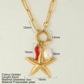 Collana dorata in acciaio inossidabile con stella marina, peperoncino e perla, lunga 40cm - Stile Stella Marina (G9)