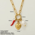 Collana a catena a graffetta dorata con peperoncino, cuore spinoso e perla - Sacro Cuore
