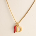 18k gold plated box chain necklace with red enamel pepper and D initial pendant - Letter-D