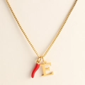 18k gold plated stainless steel necklace with red chili pepper and letter E pendant - Letter-E