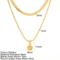 Golden double-layered stainless steel necklace set with a flat snake chain and rose pendant - Flower