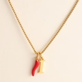18k gold plated box chain necklace with red enamel chili and letter I pendant - Letter-I