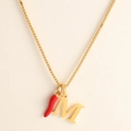 18k gold plated box chain necklace with red enamel chili and letter M pendant - Letter-M
