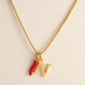 18k gold plated stainless steel box chain necklace with red chili and initial N pendant - Letter-N