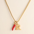 18k gold plated stainless steel box chain necklace with red chili and R initial pendant - Letter-R