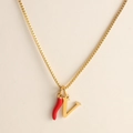 18k gold plated stainless steel box chain necklace with red chili and letter V pendant - Letter-V