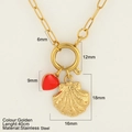 Golden stainless steel necklace with red heart and shell pendant in boho beach style - Shell (877-G)