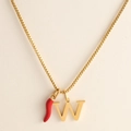 18k gold plated stainless steel box chain necklace with red chili and W initial pendant - Letter-W
