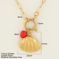 Golden stainless steel chain necklace with scallop shell and red heart pendant detail - Shell (814-G)