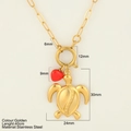 Golden stainless steel turtle necklace with a red heart and paperclip chain style - Sea Turtle (1927-G)