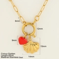 Golden stainless steel necklace featuring a red heart and shell pendant, 40cm chain - Shell (1906-G)