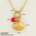 Golden stainless steel seashell necklace with red heart pendant and long link chain - Shell (1900-G)
