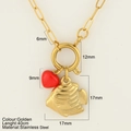 Gold stainless steel necklace with red heart and engraved tropical fish charms - Small Fish (1896-G)