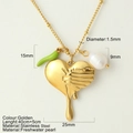 Golden stainless steel necklace with heart pendant, green chili charm and freshwater pearl - Chili Heart Style