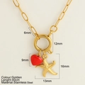 Golden stainless steel necklace featuring a starfish pendant and red heart charm - Starfish (1574-G)