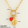 Gold stainless steel chain necklace with red heart and seashell charms, 40cm length - Shell (1562-G)