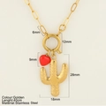 Gold stainless steel cactus necklace with red heart pendant for summer beach style - Cactus (1538-G)