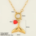 Golden stainless steel necklace with red heart and 24mm whale tail pendant - Fish Tail (1428-G)
