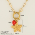Gold stainless steel necklace featuring a red heart and textured starfish pendant charms - Starfish (1274-G)