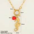 Gold stainless steel chain necklace featuring a seahorse pendant and red heart detail - Seahorse (1021-G)