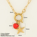 Golden stainless steel paperclip necklace with red heart and textured starfish pendant - Starfish (G4)