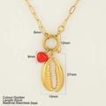 Golden stainless steel necklace with shell and red heart pendant on paperclip chain - Shell (G11)