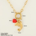 Golden stainless steel paperclip chain with red heart and dolphin charms details - Dolphin
