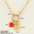 Golden stainless steel seashell and red heart pendant necklace on 40cm link chain - Shell (G1)