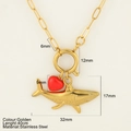 Golden stainless steel necklace featuring a shark charm and red heart pendant, 40cm length - Shark