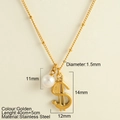 Collier en acier inoxydable doré avec symbole dollar et perle sur chaîne perlée - Pendentif Signe Dollar (25168)