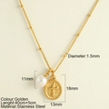 Collier en acier inoxydable doré avec pendentif croix, perle blanche et chaîne à billes - Pendentif Disque Croix (25198)