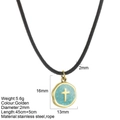 Stainless steel round cross pendant necklace with turquoise texture and black rope - Green