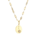14K gold plated necklace with oval letter I pendant and sparkling starburst crystal - Letter-I