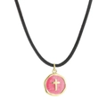 Pink enamel round cross pendant necklace with golden frame and black cord chain - Rose Red